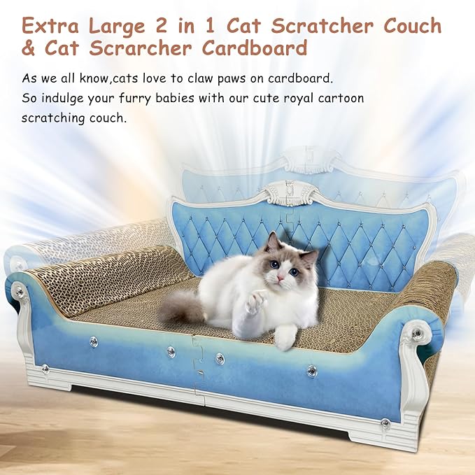 Luxury Cardboard Cat Scratcher Sofa Bed, Couch Shaped Scratching Board, Scratch Lounge with Catnip, Cat Scratcher for Indoor Cats Large Blue 25.4" Large