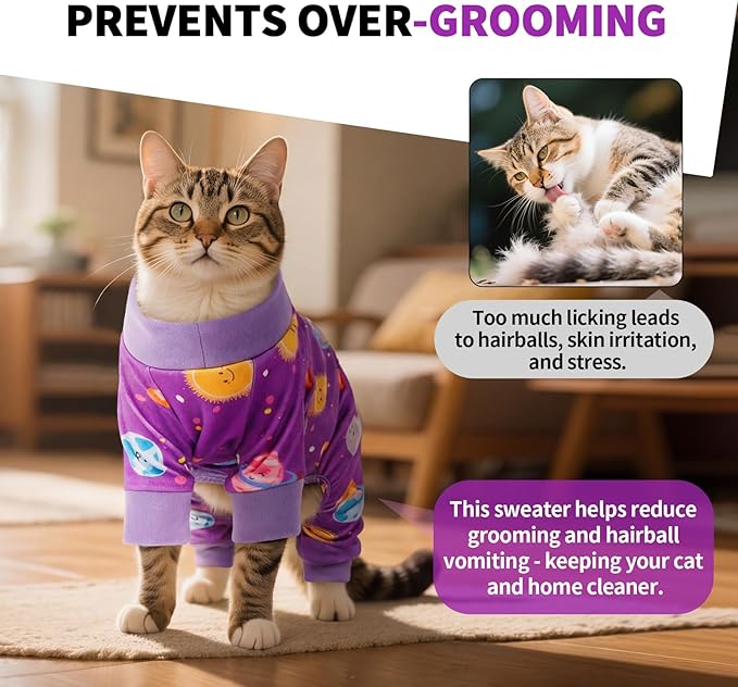 Sticky Hair Cat Clothes, Anti-Shedding Cat Pajamas, Post-Surgery Recovery Onesie, Soft Breathable, Prevents Licking & Scratching Wounds, Warm Cats Sweater, Sphynx Cats Clothing- Purple XS
