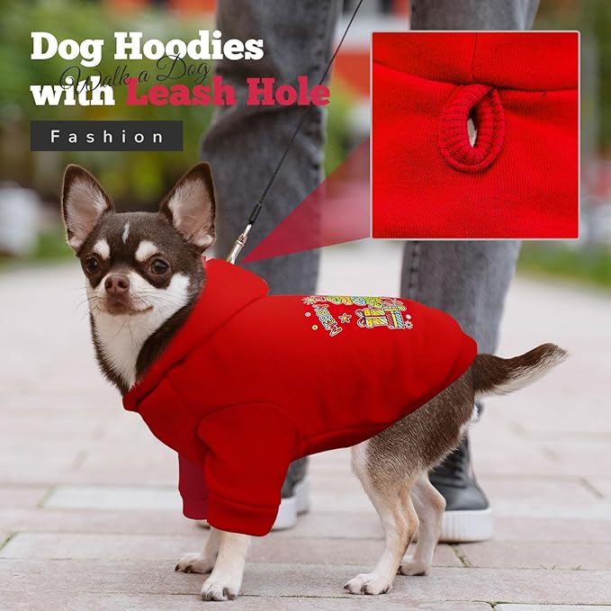 ABRRLO Small Dog Hoodie Clothes Red Christmas Dog Outfit Warm Fleece Dogs Sweater for Small Dogs Cat Boy Girl Cute Puppy Sweatshirt with Leash Hole Xmas Doggy Costume Chihuahua Yorkie(Xmas Tree,L)