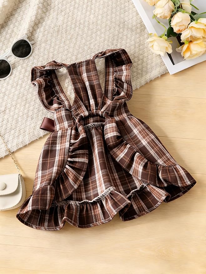 Angrypet Small Dogs Cats Dresses for Pet Spring Ruffle Sleeve Bow Plaid Dress Cute Puppy Outfits Brown Large