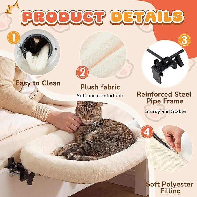 Lewtemi Bedside Pet Bed, Hanging Cat Hammock Attached to Bed or Desk, Adjustable Lounge with Heavy Duty Metal Frame, Soft Plush Guardrail, Stable Supports up to 44 Lbs for Large Cats(Cream)