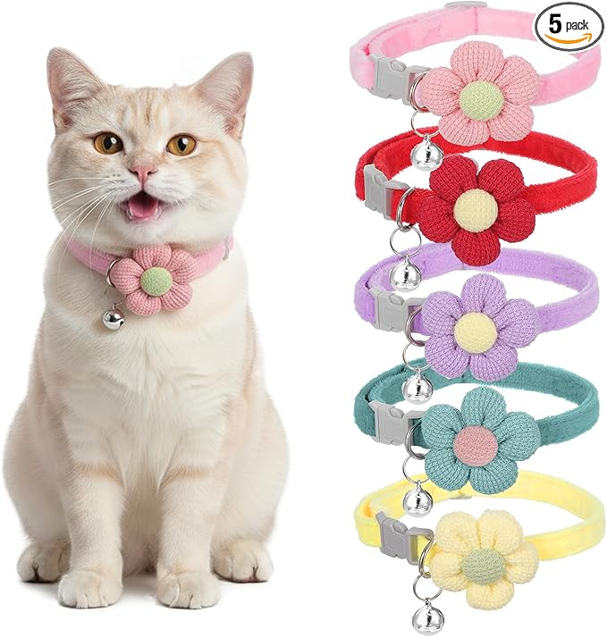 Teaaha 5 Pack Cute Cotton Kitten Collar with Bell, Safety Buckle Flower Cat Collars Breakaway for Boy Girl Cats, Soft Kitty Bells Collar Adjustable from 8.7 to 13.7 Inches(5 Color)