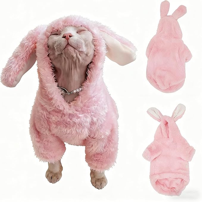 Stretchy Fuzzy 2-Leg Cat Hoodie Pajamas for Sphynx,Soft Fluffy Loungewear with Bunny Ears, Cozy Home Clothes for Hairless Cats, Winter Warm Outfit Sweater (Pink, L (5.5-8 lbs))