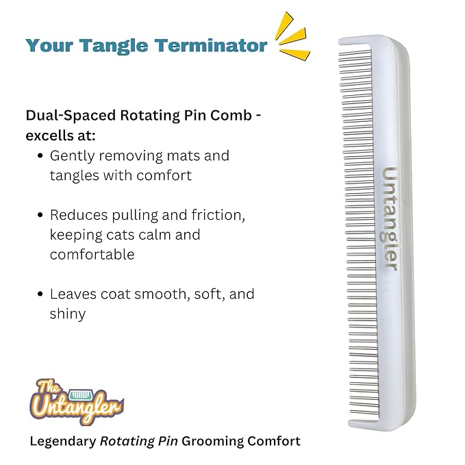 Cat Comb - 7" Dual-Spaced with Silky Smooth Rotating Teeth (White Sheen), Stainless Steel, for Cat Hair and Fur