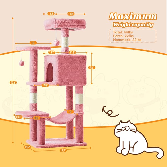 Cat Tree Tower 44 Inch, Small Cat Tower with Condo, Hammock, Sisal Scratching Posts, Extended Perch, Pet Play House for Indoor Kittens and Cats, Pink