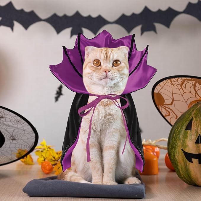 Dog Halloween Costume, Pet Cape for Small Puppy Dogs Cat Funny Red & Black Halloween Costumes with Neck Armor Adjustable Strap Idea for Vampire Party Cosplay (Purple Bat, S)