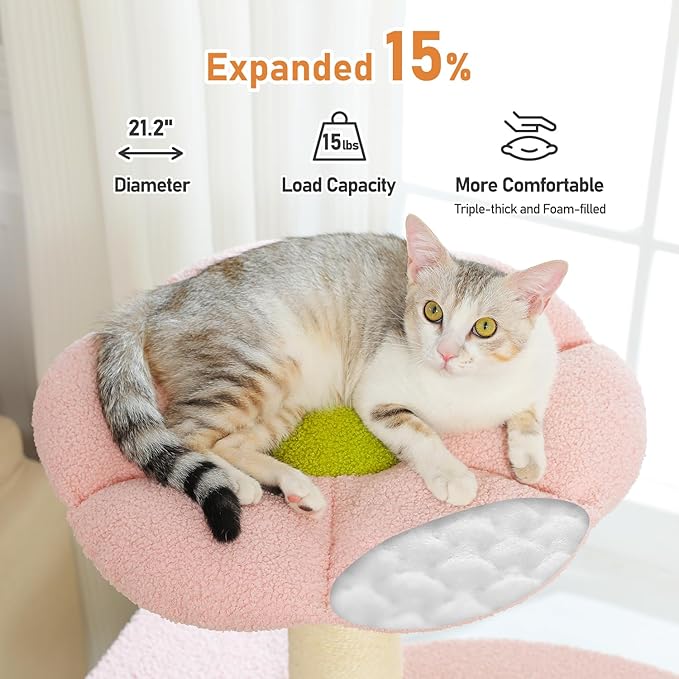 MUTTROS 50" Pink Flower Cat Tree for Large Heavy Cats, Maine Coon Cat Tower with Extra Thick Scratching Posts (φ4.3in), Spacious Cat Condo for Big Cats 20 lbs, Soft Top Bed-Green