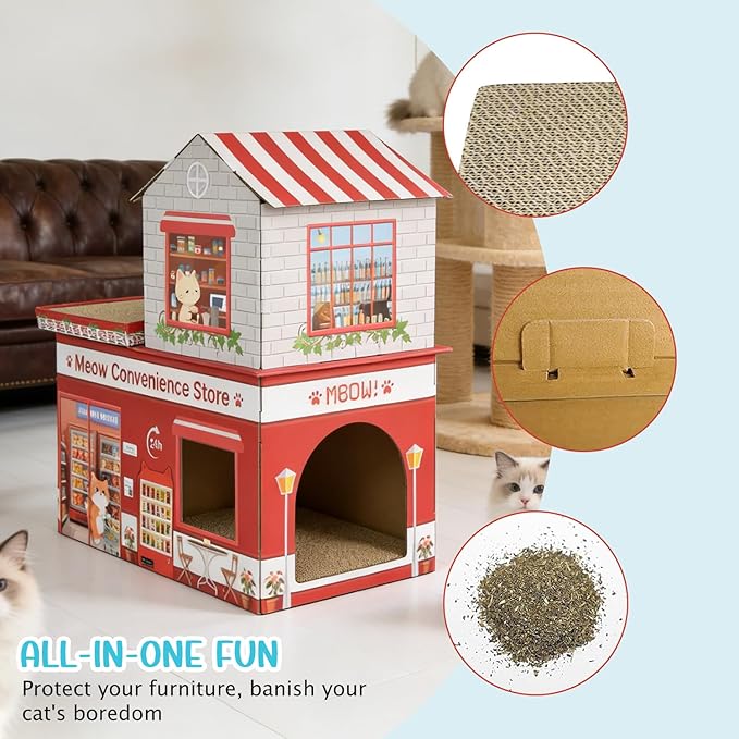 Cardboard Cat House for Indoor Cats, Double Layer Cat Scratcher House for Large Kitty Rabbit Bunny, Scratch & Sleep 2 in 1 Design, Durable & Easy to Assemble Scratching Bed(Convenience Store)