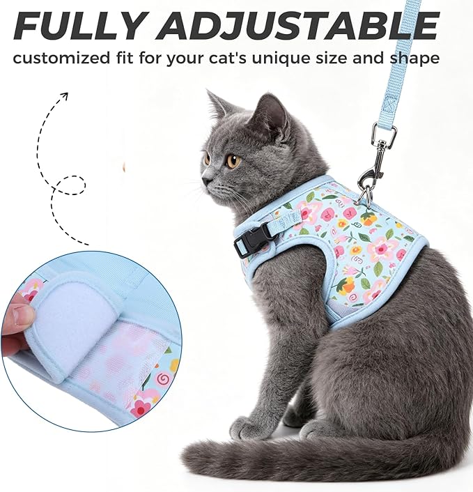 BINGPET Cat Harness and Leash Set Escape Proof for Walking,Step-in Harness with Lightweight Soft Breathable Mesh,Adjustable Easy Control Harness for Kitten Puppy Small Medium Large Cats(Flower,L)
