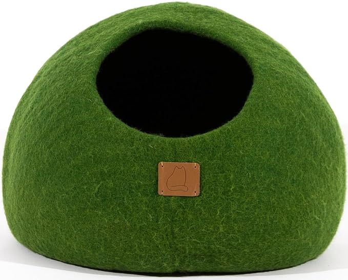 Best Aesthetic Cat Bed - Premium Felted Wool Cat Cave Bed - Cozy Peekaboo Round Cave for Large or Small Cats (Small, Forest Green)