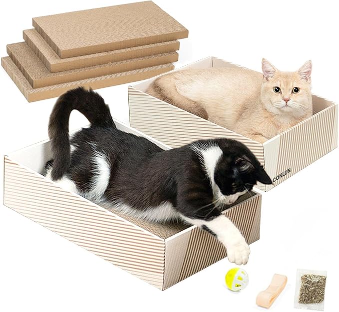 Conlun Cat Scratcher Box with 4 Scratching Pads&2 Separate Cardboard Boxes,2-in-1 Cardboard Cat Scratch for Multiple Kitten Interactive Play,Birthdays Holiday Toys Gift,Gradient-Ball Toy