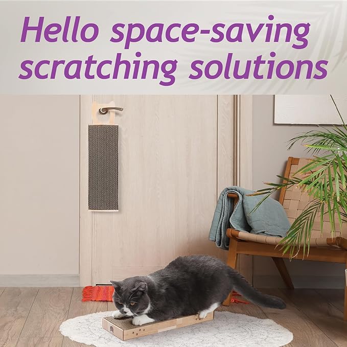 Necoichi Cardboard Hang & Scratch Doorknob Cat Scratcherfor Indoor Cats - Cat Scratching Board, Cat Scratch Pad Lounger with Reversible Usability and Extra Comfort for Wall (Oak)