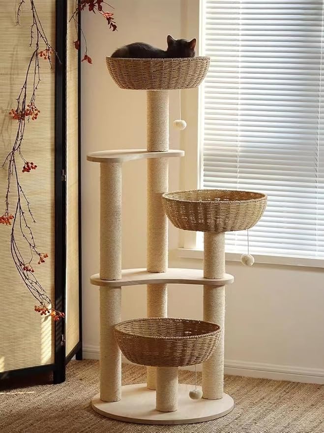Modern Wood Cat Tree for Large Cats,Luxury Rattan Oak Solid Cat Trees Towers，3 Weaving Cat Nests & Washable Cushions, Sisal Scratching Posts,Cat Condo for Indoor Cats, Varnish, Easy Clean (Large-O1)