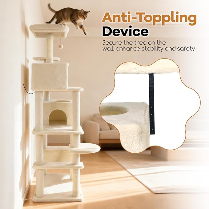 DORTALA 75" Tall Modern Cat Tree, Multi-Level Cat Tower with Large Condos, Sisal Scratching Posts, Top Perch, Hammock, Dangling Balls, Kitten Beds & Climbing Furniture for Indoor Cats (Beige)