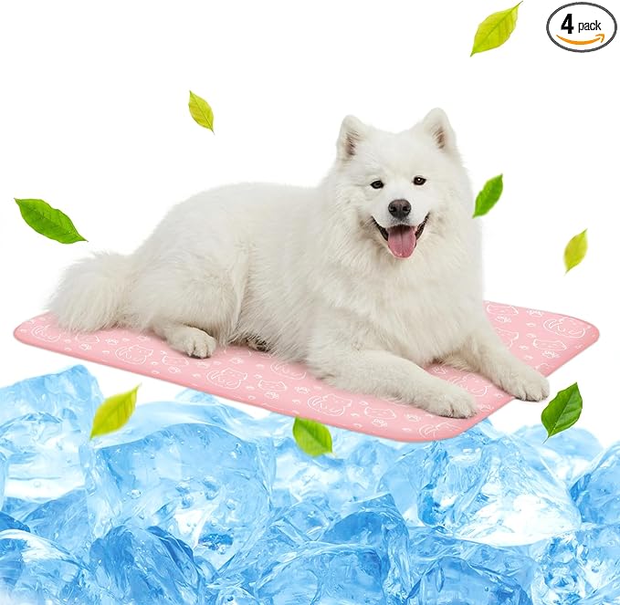 NWK Pack of 4 Pet Cooling Mat for Large Dogs -Q-Max>0.345 Ice Silk Cooling Mat for Dogs & Cats Portable & Washable Pet Cooling Blanket for Summer (4pcs, Pink Cat, 39'' X 27'' X 0.3'')