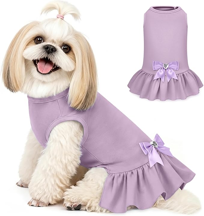 YUDODO Dog Dress Sleeveless Cat Dresses Breathable Dog Clothes for Small Dogs Girl Bowtie Puppy Dress with Cute Skirt Hem Lightweight Summer Dogs Dresses Soft & Does Not Pill Purple S