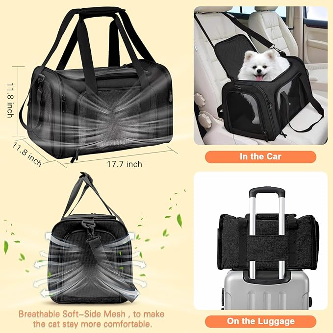 Cat Carrier with Litter Box, Cat Travel Carrier Soft Sided & Foldable Travel Litter Box for Cats, Fit for Cats or Kittens Up to 20 lbs, 17'*11.8'*11.8' inch Pet Carrier Bag, Camping & Traveling Black