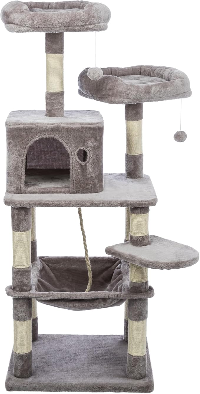 Trixie 56.3" Eduardo Cat Tree, 4-Level Indoor Cat Furniture with Jute Scratching Posts, Plush Condo, Hammock & Platforms, Play Rope and Dangling Ball