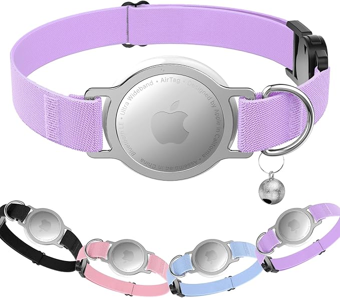 AirTag Cat Collar, Breakaway Air Tag Cat Tracker Collar with Integrated Airtag Holder Compatible with Apple Air Tag, Ultra Elastic & Comfortable Pet Tracking Collars for Cats Kittens (Purple)