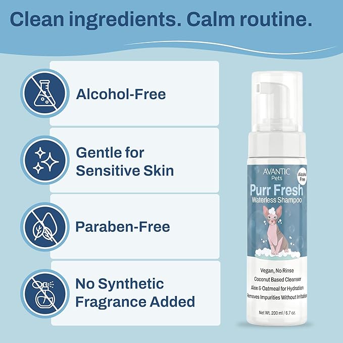Avantic Pets Sphynx Cat Dry Shampoo, Waterless No-Rinse Skin Cleanser for Hairless Cats, Alcohol & Paraben Free, Hydrates & Soothes, 200ml