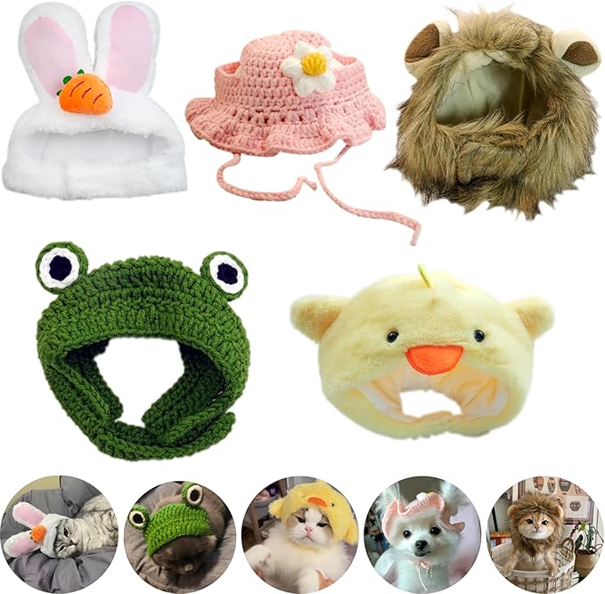5 Pieces Cat Hat Adorable Cat Costume Outfit Bunny Hat with Ears Funny Mane Hat for Cats and Small Dogs Kitten Puppy Party Costume Accessory Headwear (Frog-Flower-Rabbit-Lion-Chick)