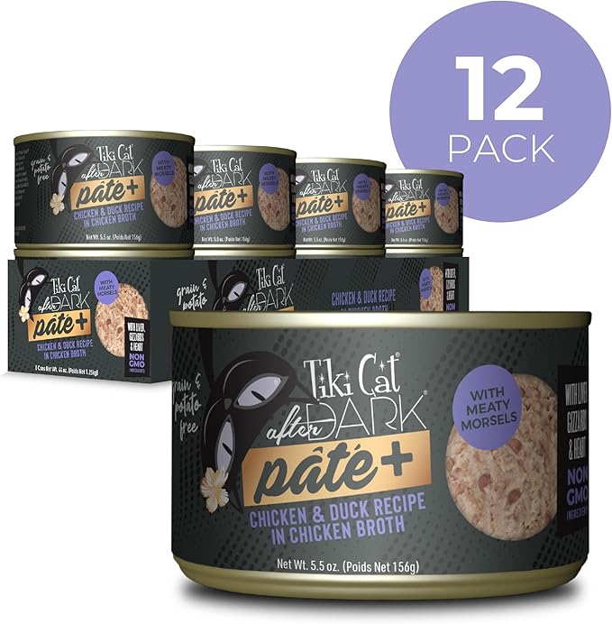Tiki Cat After Dark Pate+ Wet Cat Food, Chicken & Duck, 5.5 oz. Cans (Pack of 8)