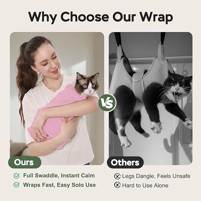 Cat Wrap for Cutting Nails, Self-Adhesive Cat Nail Clipping Restraint Bag, Anti-Scratch Cat Grooming Wrap Swaddle for Meds, SubQ Fluids, Ear Cleaning, Teeth Brushing & Vet Visits,Pink,S