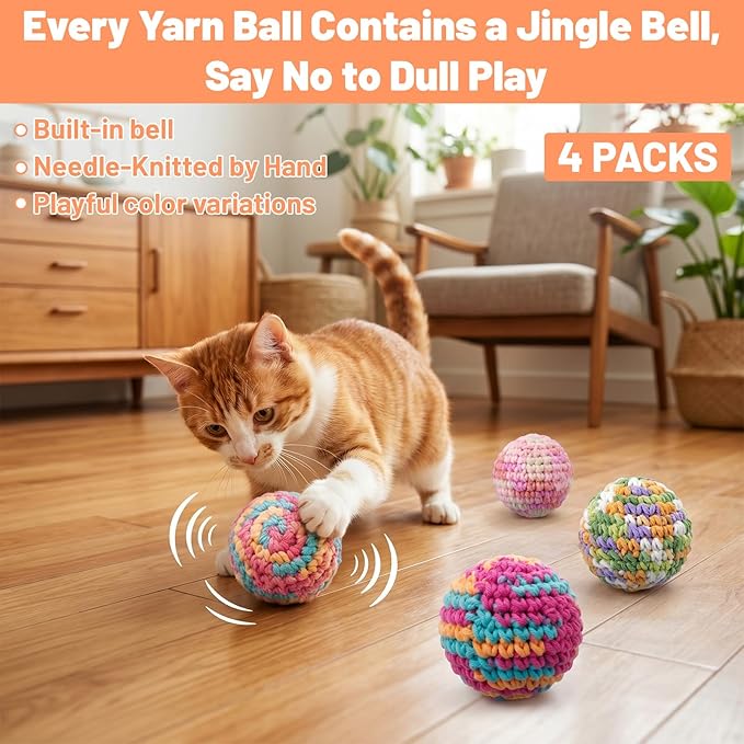 CIATBYYJ 4Pcs 1.57" Yarn Cat Toy Balls, Hand-Crocheted Yarn Cat Ball with Bell Inside, Kittens Chew Toys for Indoor Cats Kitty, Interactive Cats Nip Chew Toys for All Pet Breed