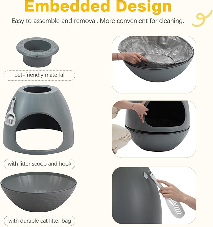 Eggloa6 Cat Litter Box Enclosure with 5PCS Litter Box Liners Plant Litter Box Large DIY Litter Box Furniture w/Cat Litter Mat, Smart Odor Removal System for Cats Kitty Bunny