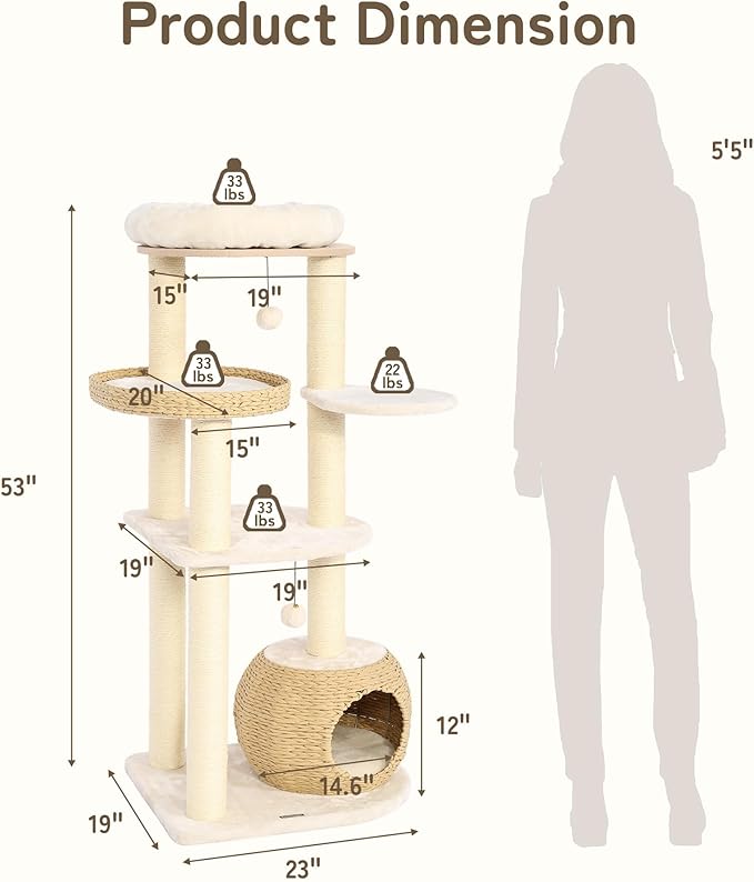 NUNU Modern Cat Tree, Modern Cat Trees Tower, Wooden Cat Tree for Large Cats, 53" Cat Tower for Indoor Cats, Hand-Woven Condo & Top Perch, for Kittens Climb, Play & Rest