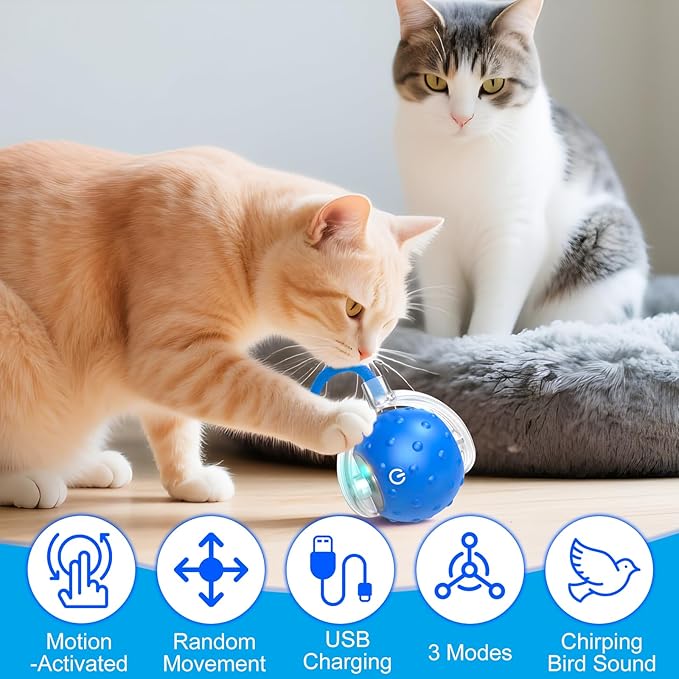 Tiny Fetch Dog Toy, Tinyfetch Interactive Dog Cat Toys Balls with Birdsong, 360° Smart Automatic Rolling Electric Dog Ball Toy, Fast Moving Balls Toys for Pets (Blue)