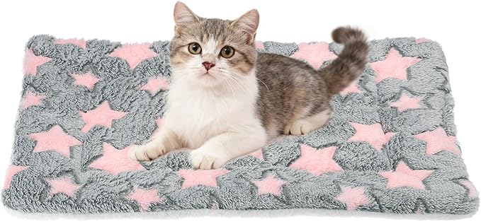 Dog Cat Bed Mat, Soft Coral Fleece Pet Cushion Pad with Cute Star Print, Warm Washable Pet Bed 19x13 Inches, (Gray Pink), Intended for Medium Small Dog Cat