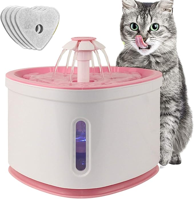 Cat Water Fountain 2L Pet Drinking Fountain,Automatic Cat Puppy Dog Water Dispenser,LED Night Vision Water Level Window, Intelligent Auto Shut Off and Ultra-Quiet Pump, 4 Replacement Filters