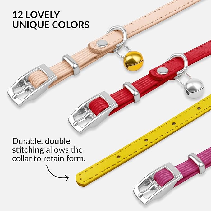 CollarDirect Leather Cat Collar with Removable Bell – Safety Elastic Strap (Breakaway Alternative) – Kitten Collar for Small & Big Boy & Girl Cats