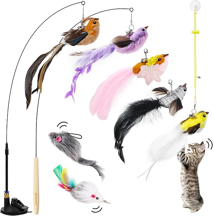 Soarer 3-in-1 Flying Bird Cat Toys - 7Pcs Wooden Cats Wand Toy Fishing Pole Cat Bird Toys Replacements,Interactive Enhanced Suction Cup and Door Hanging Cat String Toys for Indoor Kitten