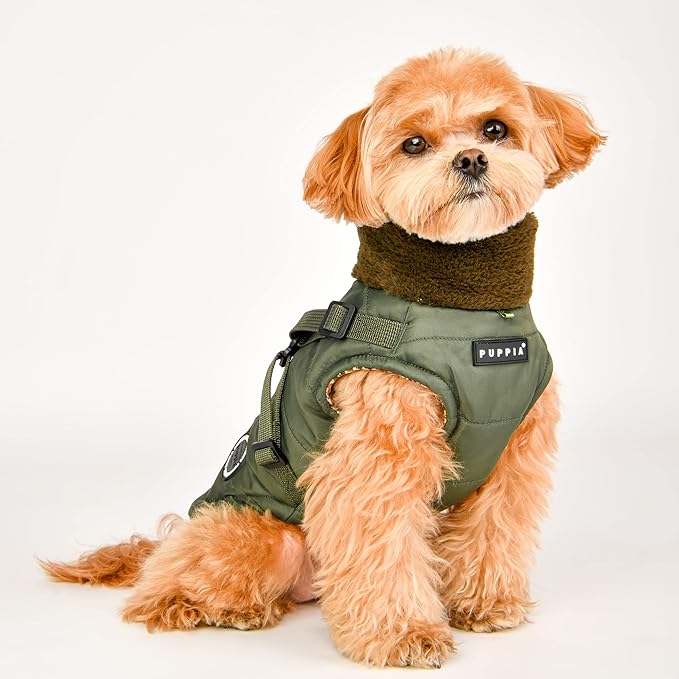 Puppia Donavan Winter Dog Coat with Integrated Harness No Pull Cold Weather Waterproof Warm Fleece Back Zipper for Small & Medium Dog, Khaki, XX-Large