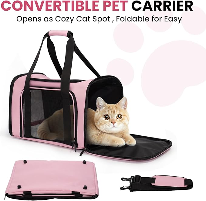 Soft-Sided Cat Carrier Expandable Pet Carrier Airline Approved Mesh Travel Carrier Up to 22lbs for Cats Small Dogs Collapsible Escape-Proof with Shoulder Strap (20x13x13 Pink)