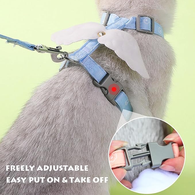 Cat Harness and Leash Set White Wing for Outdoor Travel Walking Escape Proof Soft Safe Adjustable Kitten Puppy Small Strap Angel Style Blue, M