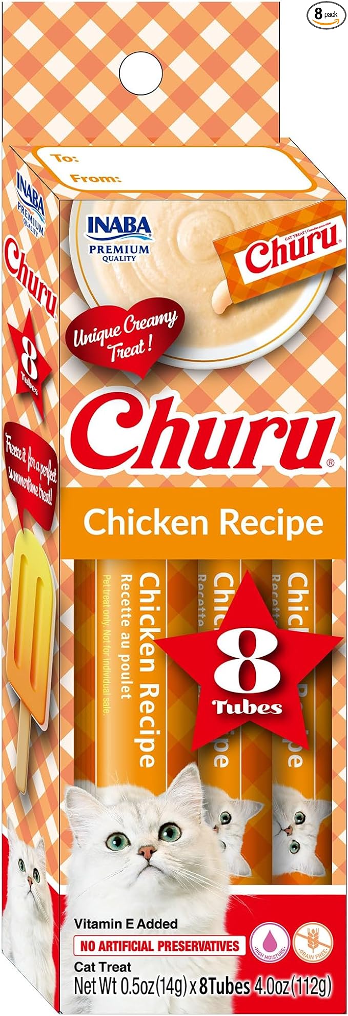 INABA Churu Lickable Purée Natural Cat Treats - Tuna with Chicken Recipe, 8 Tube Box