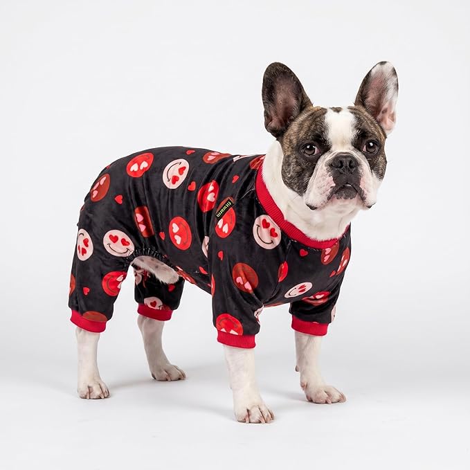 Fitwarm Hearts Eyes Smily Face Dog Pajamas, Cozy Valentines Outfit for Small Dogs Boy Girl, Festive Pet Clothes, Black, Red, Large