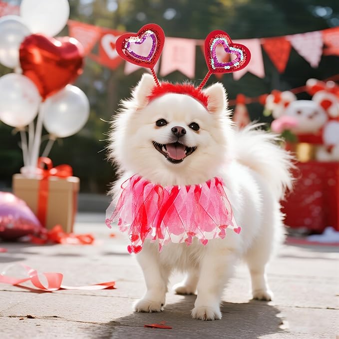 2 Pcs Valentines Day Pet Costumes - Small Dog & Cat Valentines Outfit (Collar and Headband), Red and Pink Themed Apparel for Small Pets