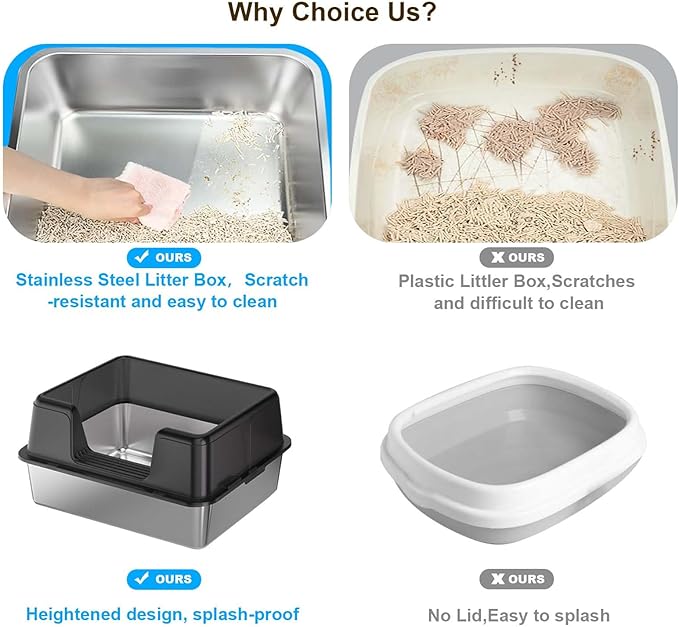Stainless Steel Cat Litter Box, Extra Large Covered Litter Box for Big Cats, Enclosure XXL Metal Litter Pan Tray, High Sided,Anti-Leakage,Easy Cleaning, Non-Sticky,23.6 x 15.7 x 14.37,B