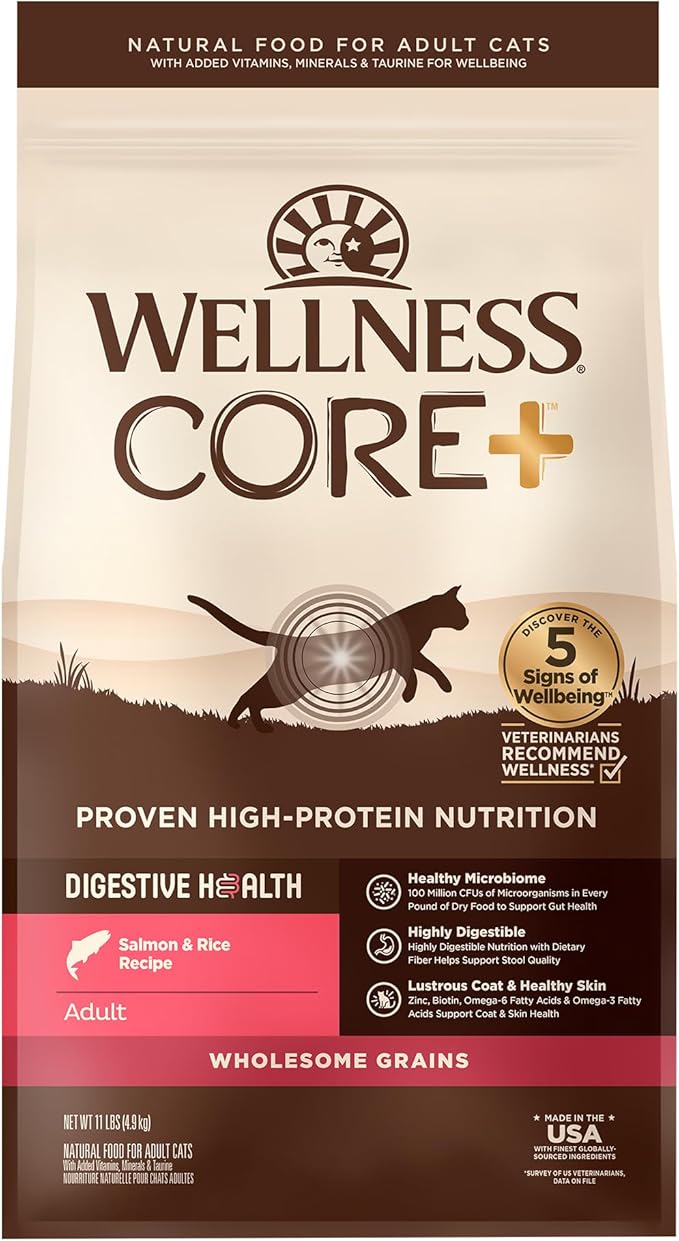 Wellness CORE+ Digestive Health Adult Dry Cat Food, Natural, Wholesome Grains Kibble, Salmon and Rice Recipe, 11 lb Bag