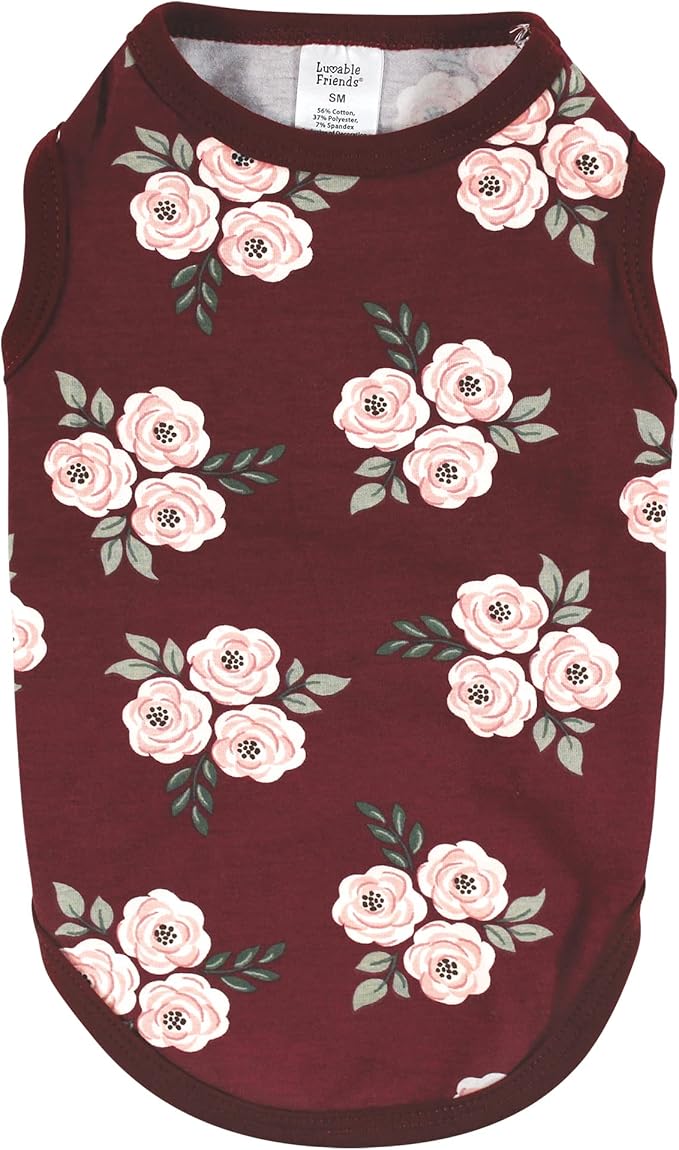 Luvable Friends Dog Pet Dog and Cats Cotton T-Shirts 2pk, Burgundy Floral Botanical, Medium