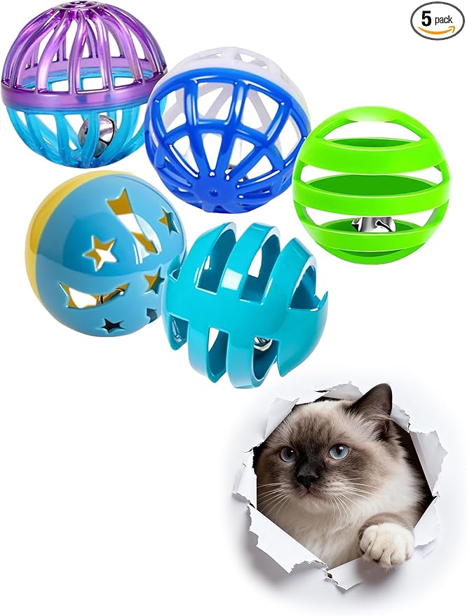 5 Pieces Cat Balls Indoor Interactive Toys for Kitten & Adult Cats, Self Play Jingle Balls to Reduce Boredom, Safe Plastic Pet Teething & Enrichment Toy Set (1.5'')