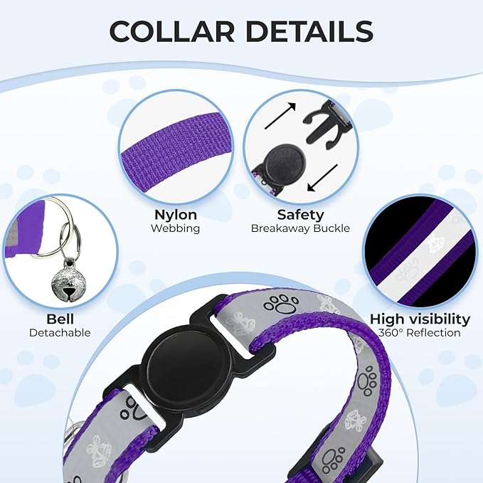 Cat Collar Breakaway, Reflective Kitten Collar with Bell, Safety Buckle Kitten Collar, Lightweight, Adjustable, Comfortable, Suitable for Boy Girl Cats (7"-13") Purple