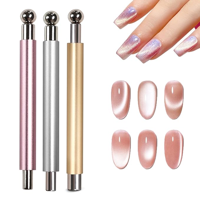 Cat Eye Magnet for Nails, Double-head Magnet Wand with Round Nail Magnet Beads Nail Polish Magnet Pen Magnetic Cat Eye Gel Polish Nail Design Tool for Home DIY, Salon, Silver