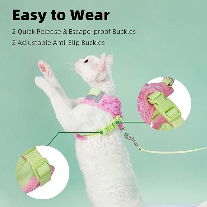 Cat Harness and Leash Set for Comfortable Outdoor Walking, Escape Proof, Adjustable Soft Kitten Vest Harness with Reflective Strip for Cats, Small Dogs (Blue Pink, M)