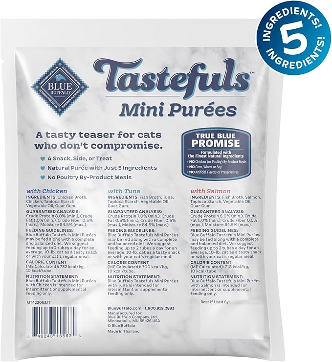 Blue Buffalo Tastefuls Mini Purées Natural Cat Treats, Chicken, Tuna, Salmon Variety Pack, 0.5 oz. Single Servings, 24-Count