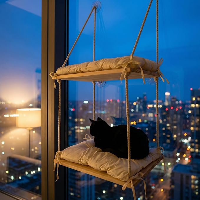 Loscarol Cat Window Perch for Large Cats, Double Layer Wooden Feline Hammock Seat with Heavy Duty Suction Cups, Easy Assembly Sill Ledge Bed for Multiple Kitties, Indoor Sunbathing Lounger
